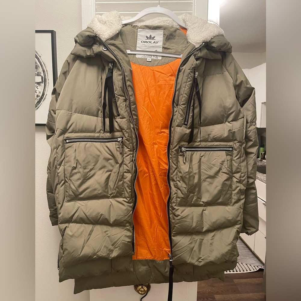 Amazon Olive Green Puffer Jacket with Orange Lining